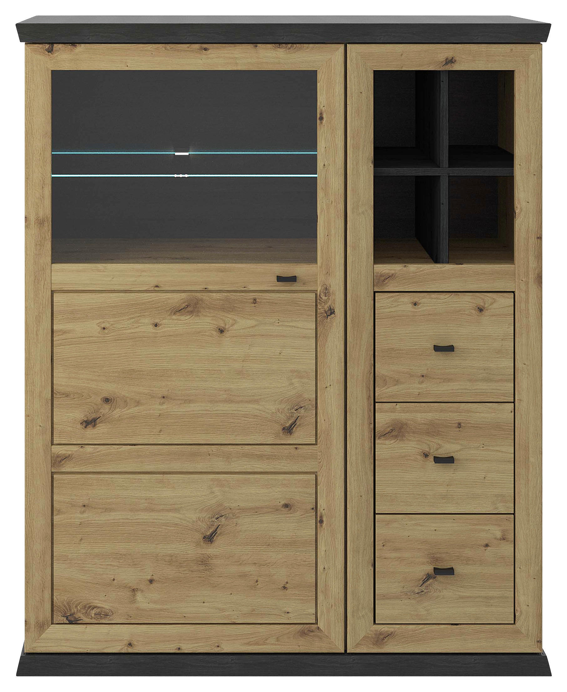 VYSOKÁ KOMODA, tmavě šedá, dub artisan, 110/134,2/43 cm - černá/tmavě šedá, Basics, kov/kompozitní dřevo (110/134,2/43cm) - Hom`in