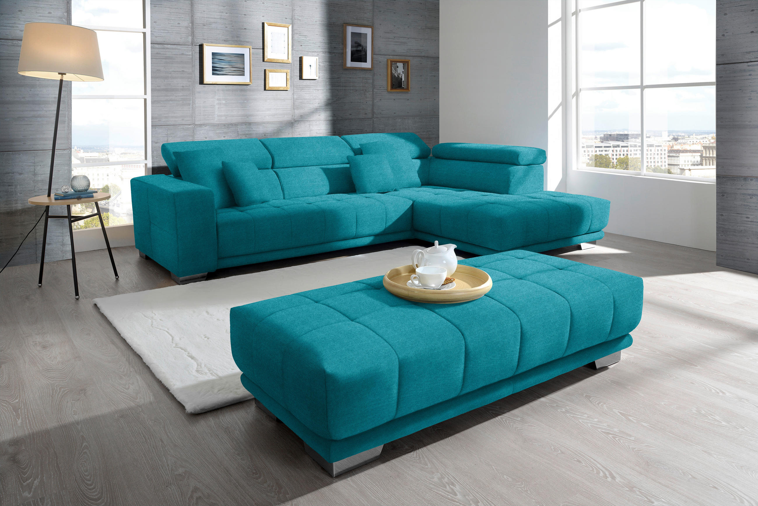 ECKSOFA in Mikrofaser Türkis  - Türkis/Chromfarben, Design, Textil/Metall (301/207cm) - Xora