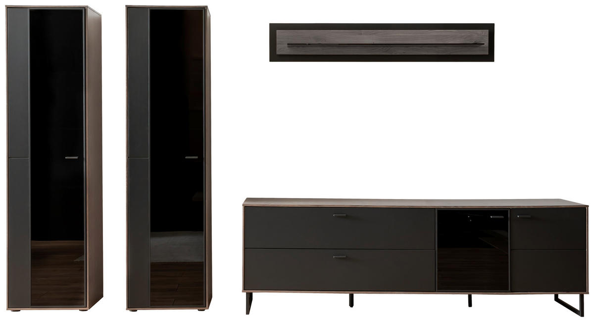 WOHNWAND  in Schwarz, Eichefarben  339/190/50 cm  - Eichefarben/Anthrazit, Design, Glas/Holz (339/190/50cm) - MID.YOU