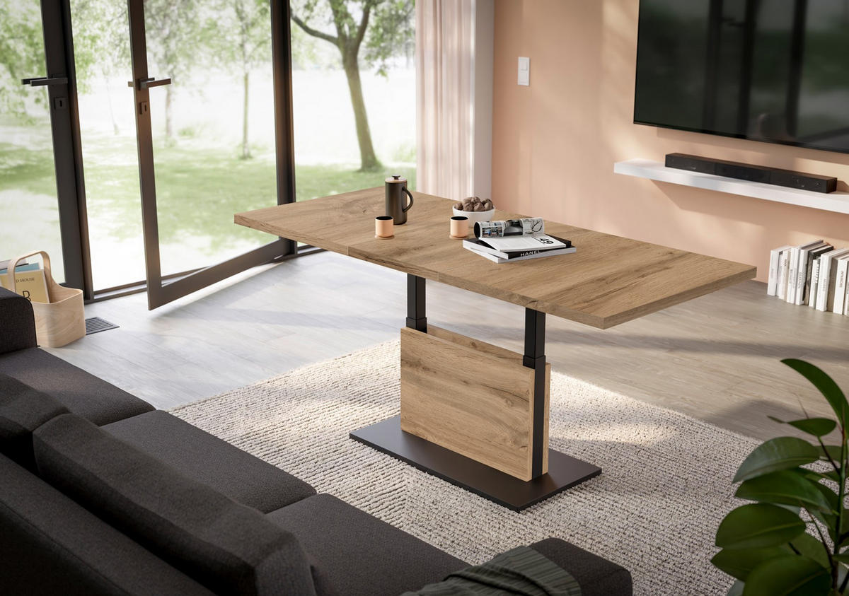 COUCHTISCH Lift Couchtisch rechteckig Schwarz, Eiche Wotan  - Eiche Wotan/Schwarz, Design, Holzwerkstoff/Metall (120-160/56-75/70cm) - MID.YOU