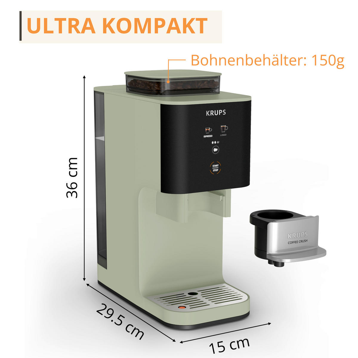 KAFFEEVOLLAUTOMAT Coffee Crush  - Salbeigrün, Basics, Kunststoff (38.5/18.5/41cm) - Krups
