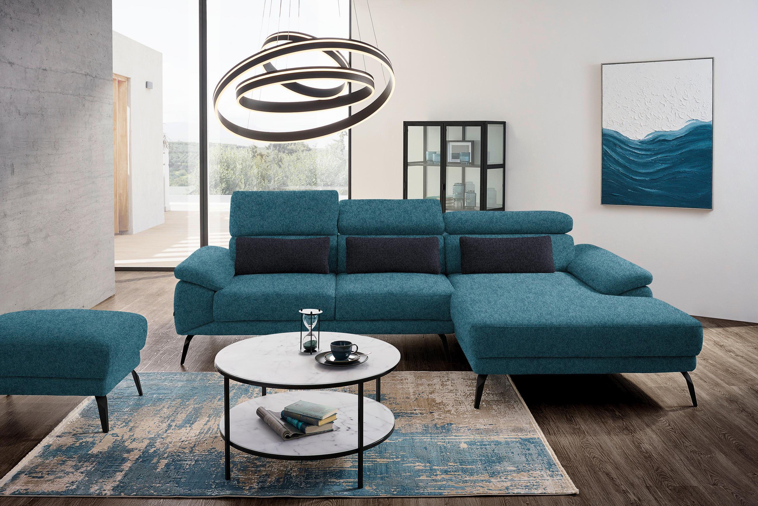 ECKSOFA in Velours Petrol  - Petrol/Schwarz, Design, Textil/Metall (295/187cm) - Novel