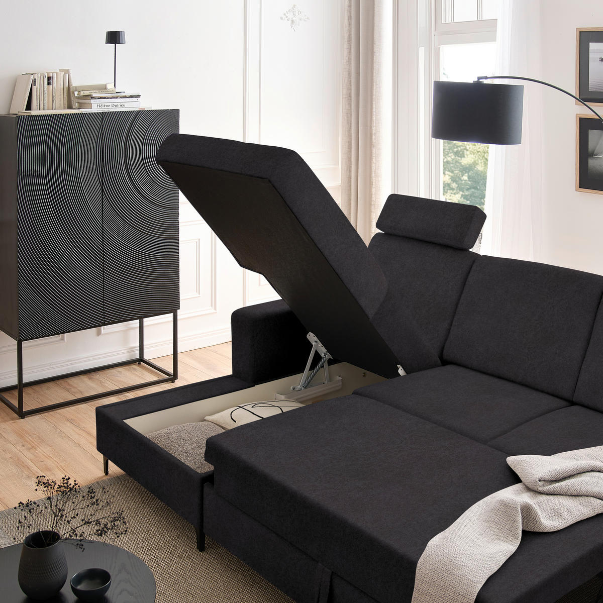 ECKSOFA in Velours Anthrazit  - Anthrazit/Schwarz, Konventionell, Textil/Metall (167/247cm) - Stylife