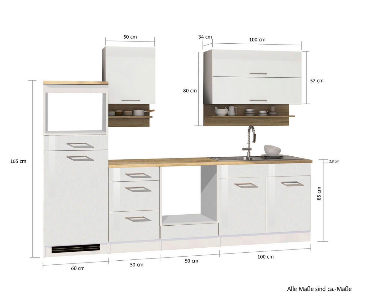 KÜCHENLEERBLOCK 270 cm   in Weiß Hochglanz  - Weiß Hochglanz/Silberfarben, MODERN, Glas/Holzwerkstoff (270cm) - Held