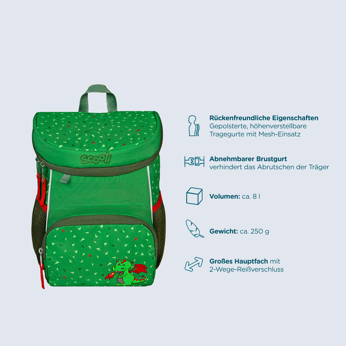 KINDERRUCKSACK Scooli Mini Me Diego Dragon  - Grün, Basics, Textil (20/29/13cm)