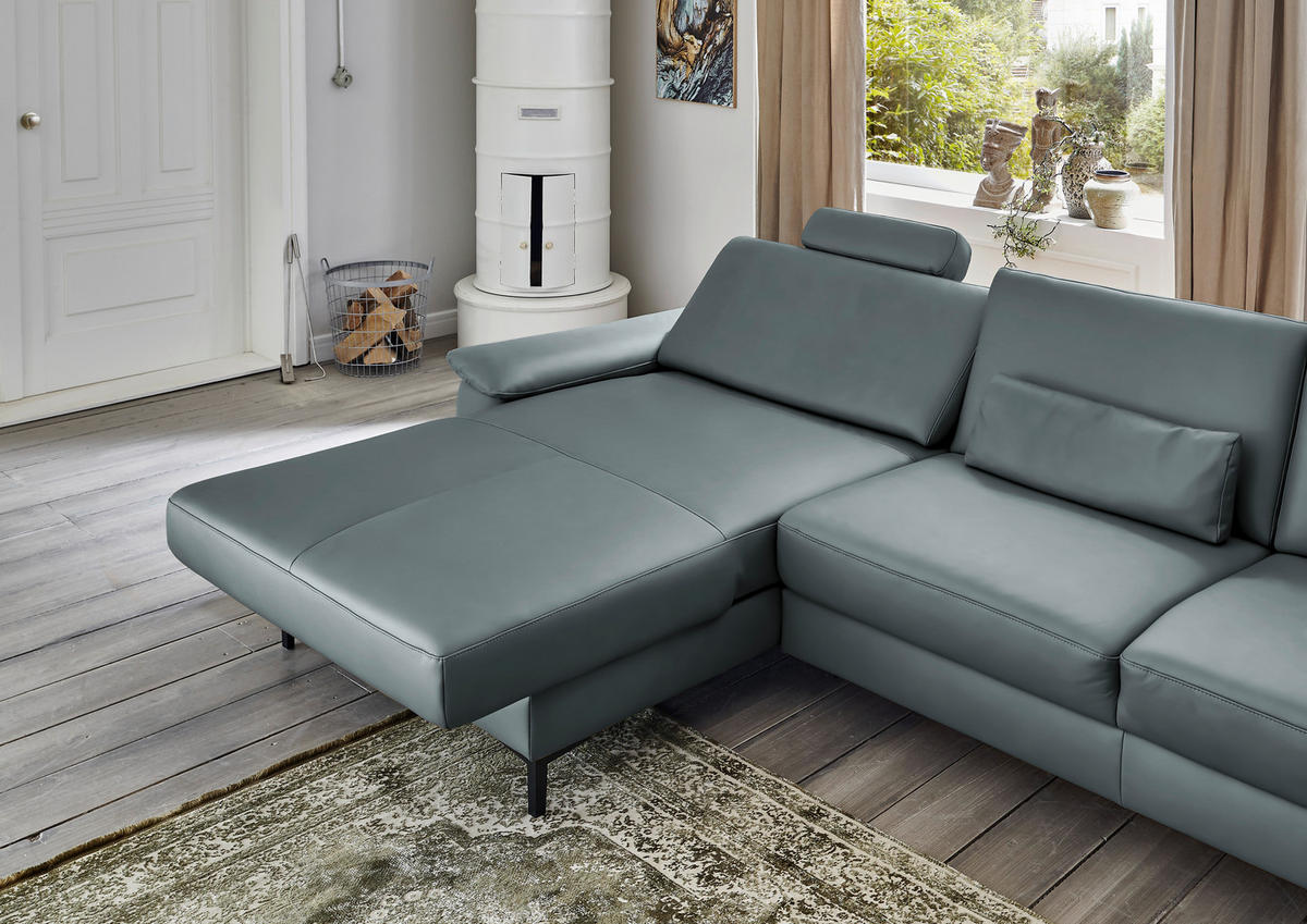 ECKSOFA in Echtleder Blaugrau  - Blaugrau/Schwarz, Design, Leder/Metall (176/334cm) - Dieter Knoll