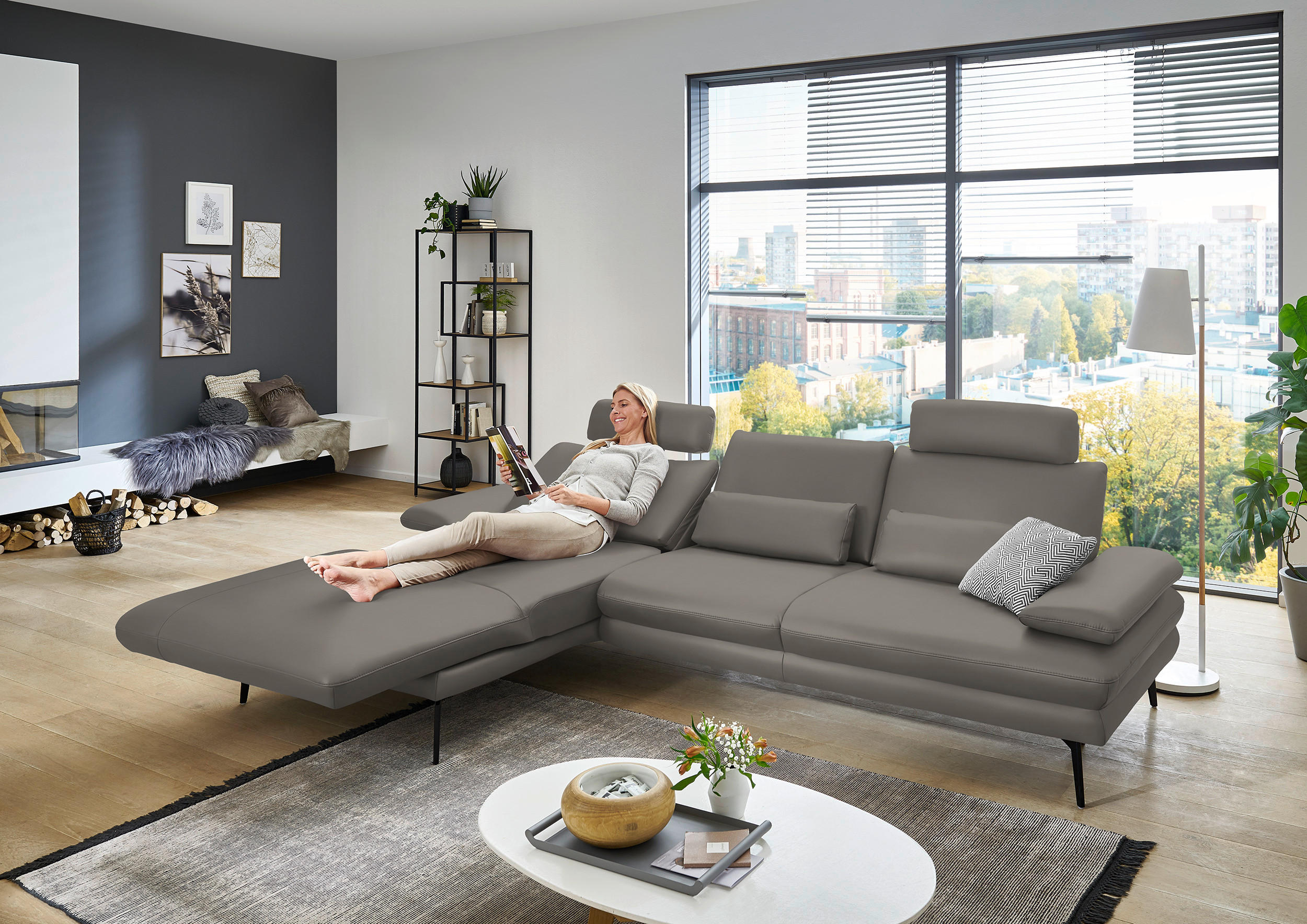ECKSOFA in Echtleder Hellgrau  - Hellgrau/Schwarz, Design, Leder/Metall (180/310cm) - Dieter Knoll