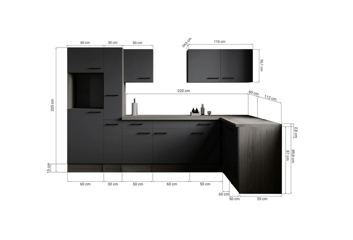 ECKKÜCHE 310/172 cm  in Grau, Eichefarben  - Eichefarben/Schwarz, Design, Holzwerkstoff/Metall (310/172cm) - Respekta