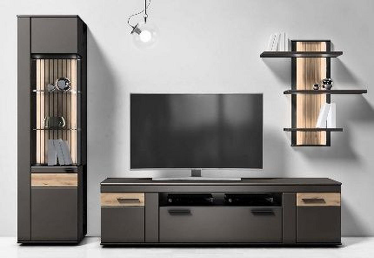 WOHNWAND  in Dunkelgrau, Eiche Artisan 296/205/50 cm  - Dunkelgrau/Schwarz, Design, Glas/Holzwerkstoff (296/205/50cm) - Stylife