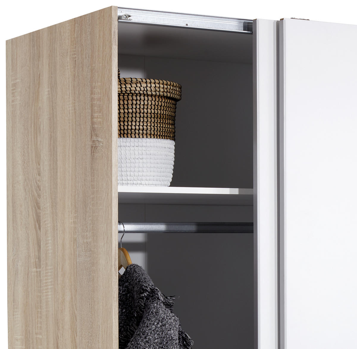 OMARA Z DRSNIMI VRATI, hrast sonoma, bela  - bela/barve aluminija, Konvencionalno, umetna masa/leseni material (170/196/60cm) - MID.YOU