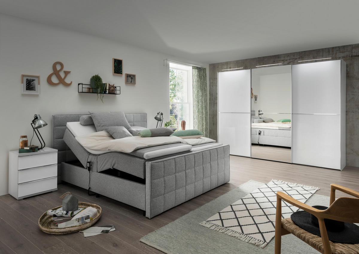 POLSTERBETT 180/200 cm, inkl. gepolstertes Kopfteil, Topper, motorische Verstellbarkeit,  in Hellgrau  - Hellgrau/Schwarz, Design, Kunststoff/Textil (180/200cm) - Esposa