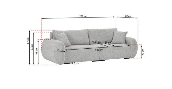 SCHLAFSOFA Flachgewebe Grau  inkl. Zierkissen, Rückenkissen, Bettkasten, Schlaffunktion, Rücken echt, Liegefläche im Originalstoff  - Schwarz/Grau, KONVENTIONELL, Kunststoff/Textil (250/74/92cm) - Carryhome
