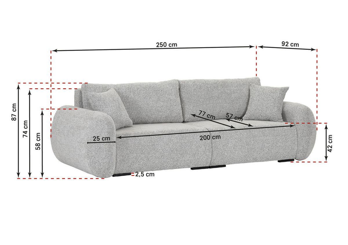 SCHLAFSOFA Flachgewebe Grau  inkl. Zierkissen, Rückenkissen, Bettkasten, Schlaffunktion, Rücken echt, Liegefläche im Originalstoff  - Schwarz/Grau, KONVENTIONELL, Kunststoff/Textil (250/74/92cm) - Carryhome