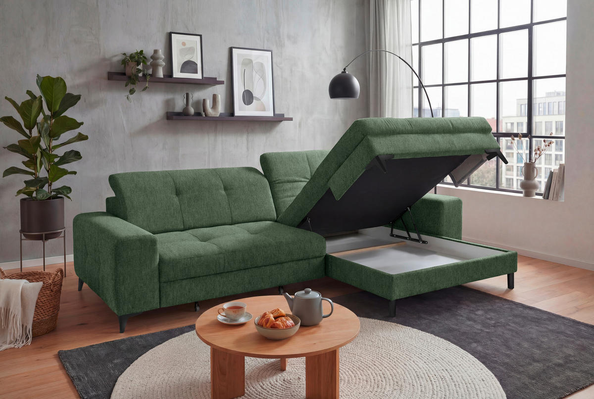 ECKSOFA SORELLA Dunkelgrün Mikrovelours Kopfteilverstellung, Sitztiefenverstellung  - Dunkelgrün/Schwarz, Design, Kunststoff/Textil (328/182cm) - MID.YOU