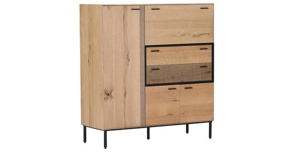 HIGHBOARD Eiche furniert Braun, Naturfarben Rückwand, Oberplatte, Füße  - Eichefarben/Schwarz, LIFESTYLE, Holzwerkstoff/Metall (115/120/42cm) - Novel