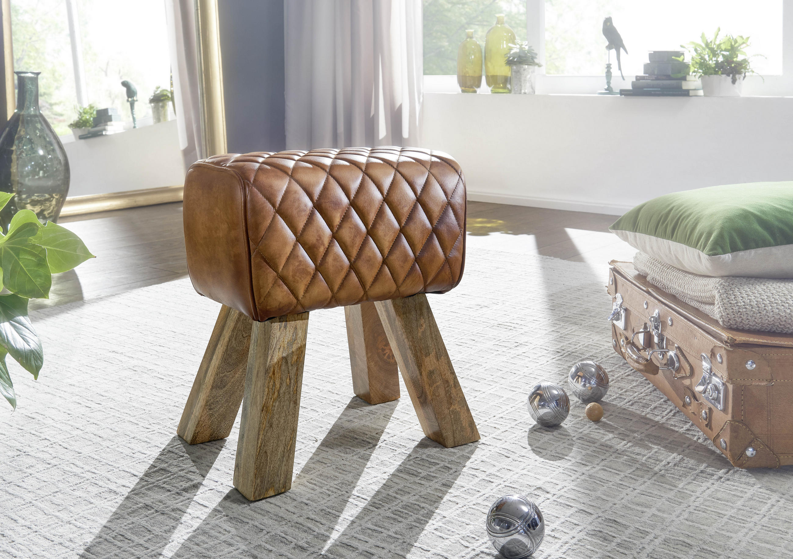 HOCKER Echtleder Braun  - Naturfarben/Braun, MODERN, Leder/Holz (40/48/27cm) - MID.YOU