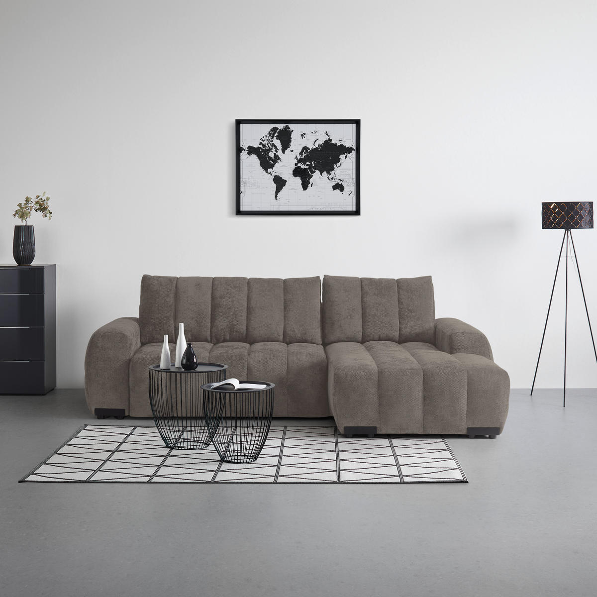 ECKSOFA Flachgewebe Graubraun  - Schwarz Hochglanz/Graubraun, Modern, Textil/Metall (273/93/166cm) - MID.YOU