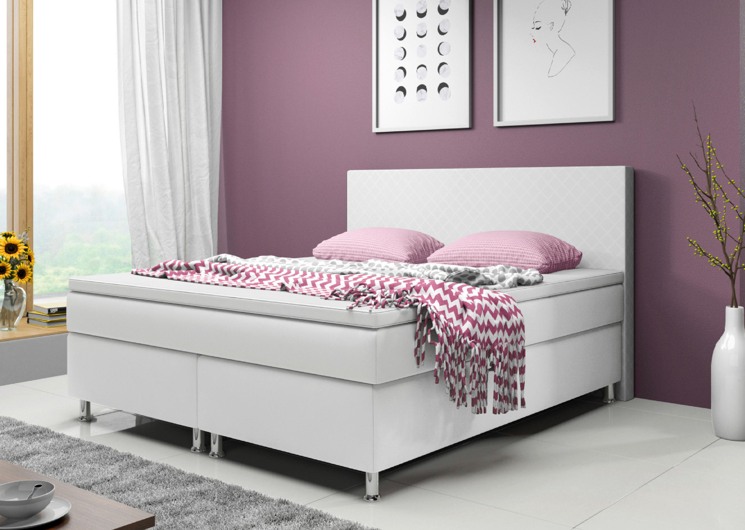 Boxspringbett mit Topper  in Weiß  - Silberfarben/Weiß, KONVENTIONELL, Leder/Textil (180/115/210cm) - MID.YOU
