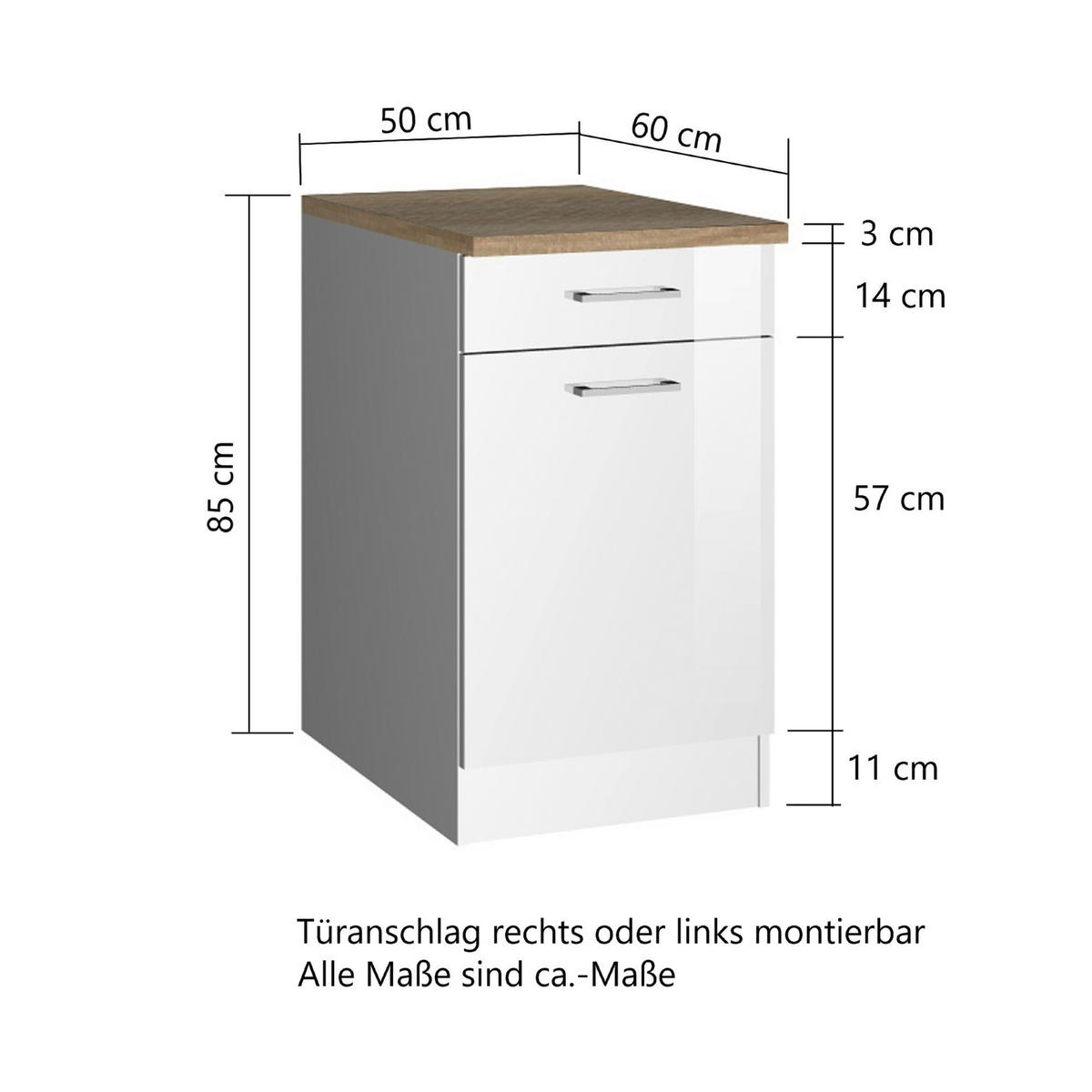 KÜCHENUNTERSCHRANK 50/85/60 cm  in Weiß Hochglanz  - Weiß Hochglanz/Silberfarben, MODERN, Holzwerkstoff/Metall (50/85/60cm) - Held
