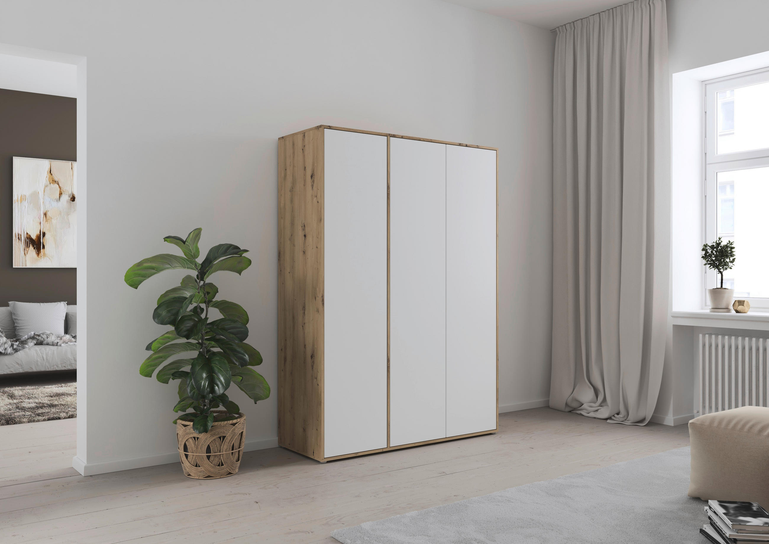 DREHTÜRENSCHRANK 140/194/53 cm 3-türig Weiß, Eiche Artisan  - Weiß/Eiche Artisan, MODERN, Holzwerkstoff (140/194/53cm) - Rauch Möbel