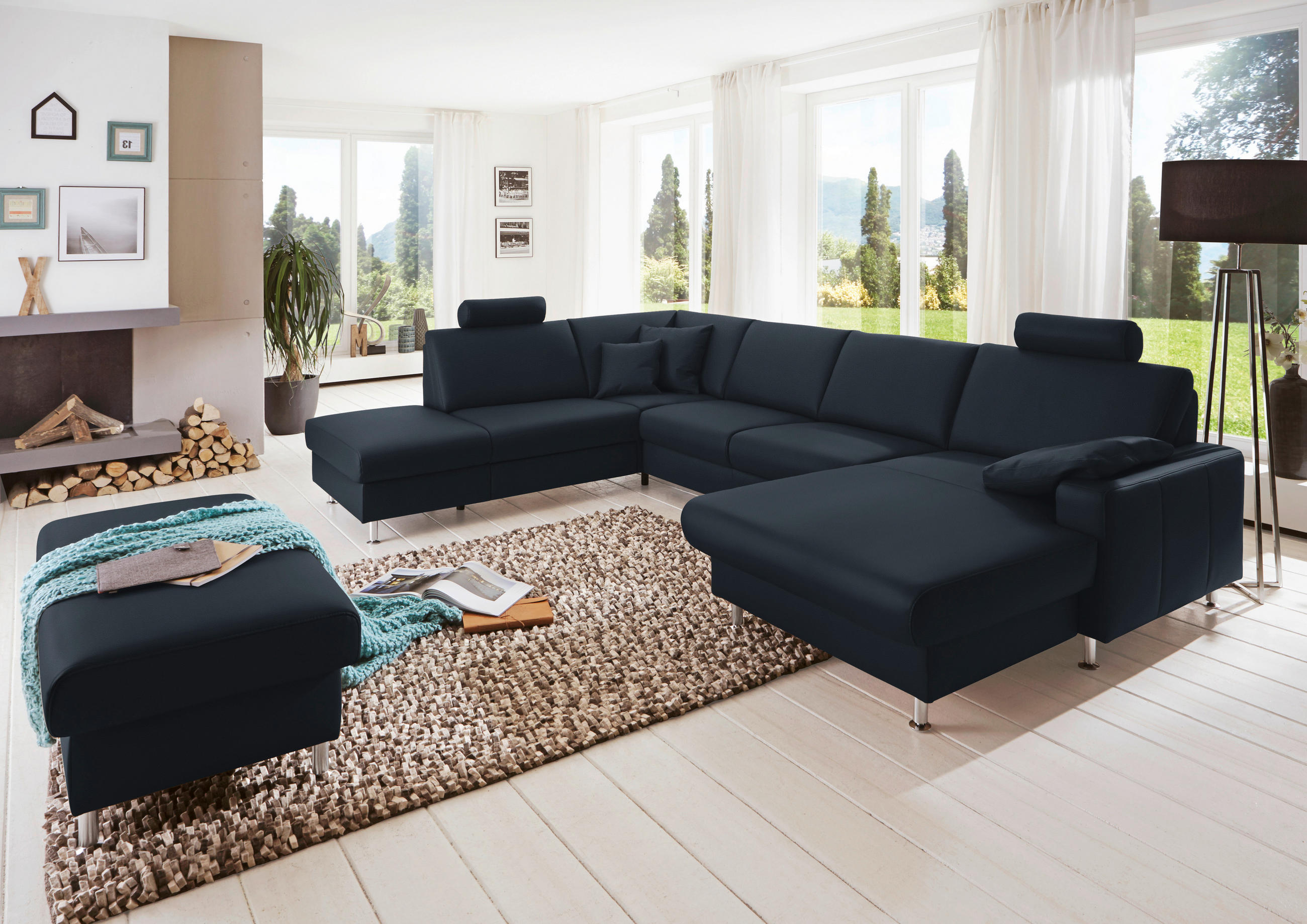 WOHNLANDSCHAFT in Echtleder Dunkelblau  - Alufarben/Dunkelblau, Design, Leder/Metall (233/339/165cm) - Beldomo Premium