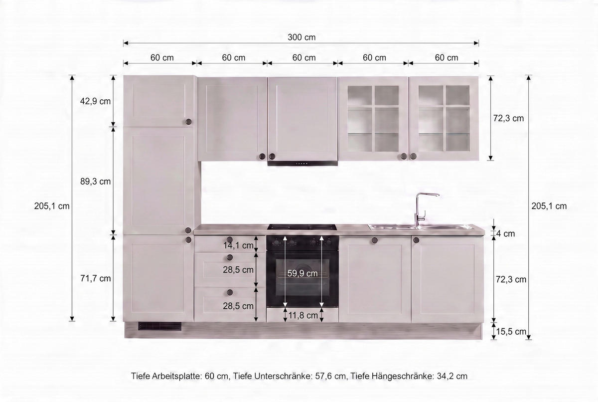 KÜCHENBLOCK IP4250 300 cm  in Braun, Weiß  - Schwarz/Weiß, Basics, Holzwerkstoff/Metall (300cm) - Impuls