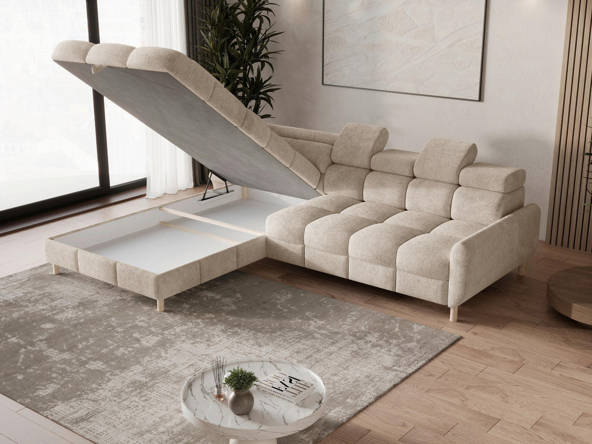 ECKSOFA BUN in Bouclé Beige  - Elfenbein/Beige, Design, Holz/Textil (209/276cm) - MID.YOU