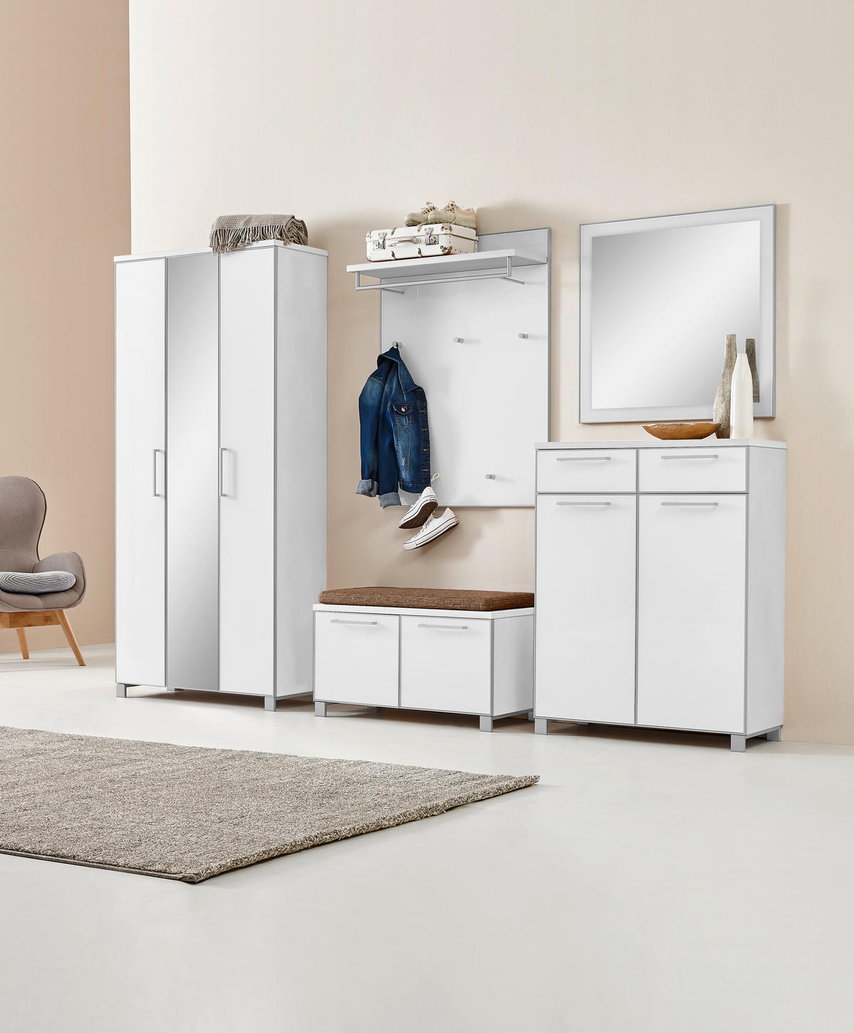 GARDEROBE 6-teilig  in 265/195/40 cm  - Hellbraun/Weiss, Design, Glas/Holzwerkstoff (265/195/40cm)