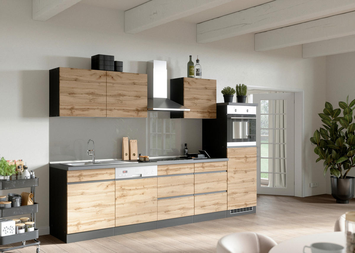 KÜCHENBLOCK 300 cm   in Graphitfarben, Eiche Wotan  - Eiche Wotan/Graphitfarben, Design, Holzwerkstoff (300cm) - Held