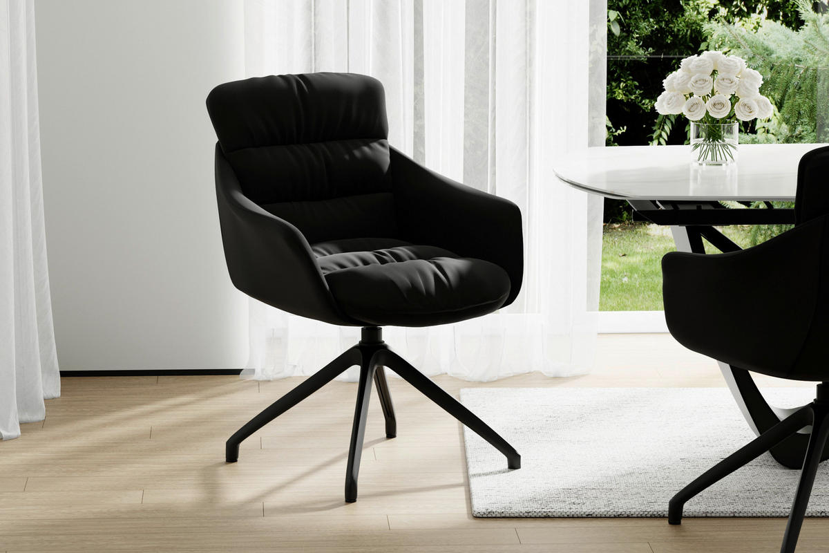 ARMLEHNSTUHL  Sitzfläche 360° drehbar, inklusive Armlehnen, automatische Rückholfunktion  Echtleder  - Schwarz, Design, Leder/Metall (62/85,5/65cm) - Dieter Knoll