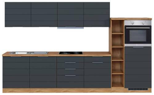 KÜCHENBLOCK 330 cm   in Grau, Eiche Wotan  - Eiche Wotan/Grau, Design, Holzwerkstoff/Metall (330cm) - Held