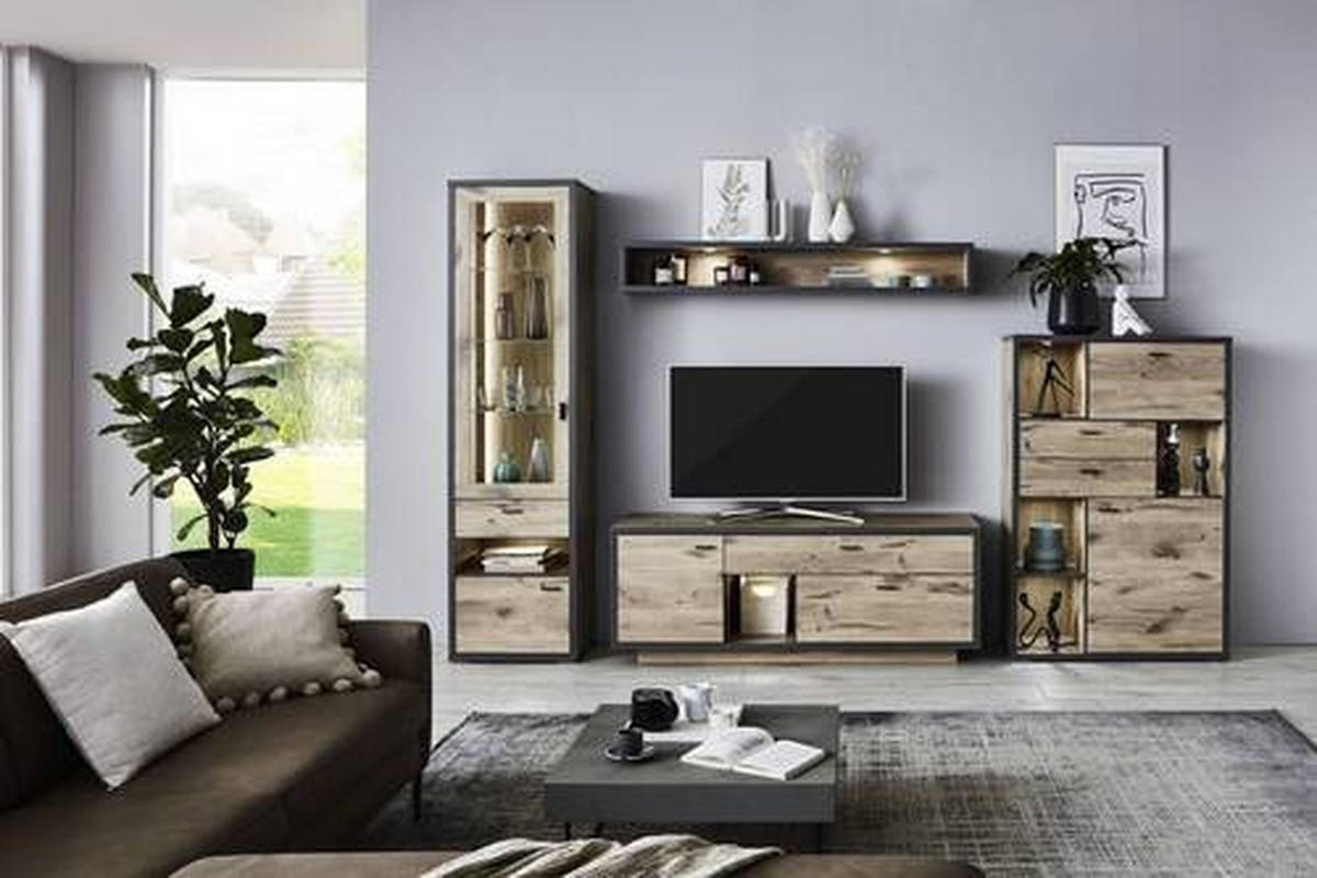 WOHNWAND  in Eichefarben, Dunkelgrau  327,4/207,9/50 cm  - Dunkelgrau/Eichefarben, MODERN, Glas/Holzwerkstoff (327,4/207,9/50cm) - Modante