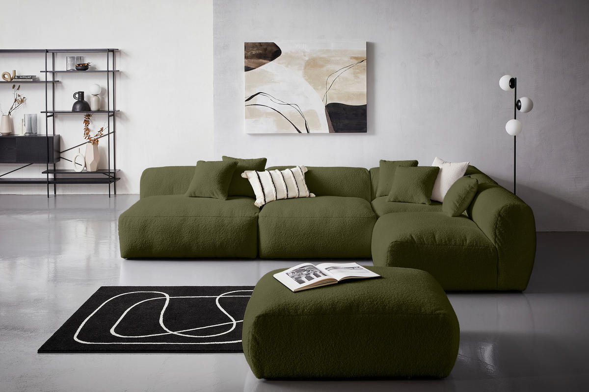 ECKSOFA inkl. Hocker in Flachgewebe, Teddystoff Olivgrün  - Olivgrün, Trend, Textil (315/235cm) - Livetastic