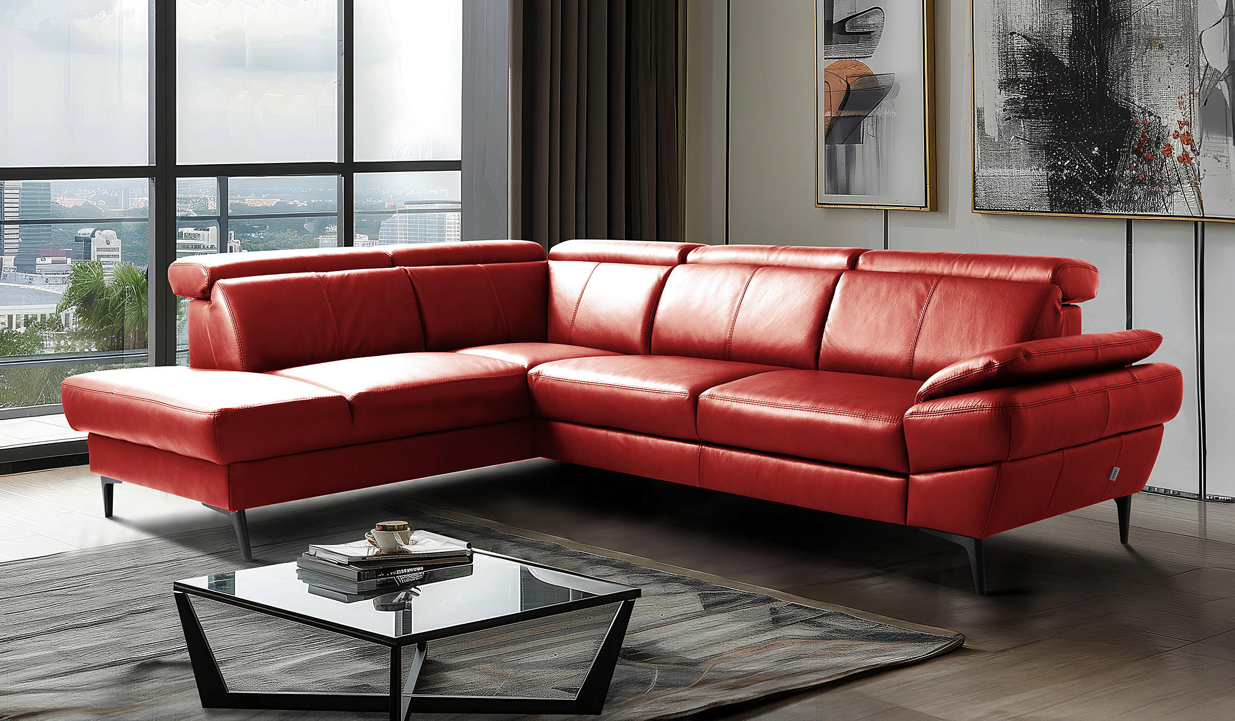ECKSOFA Rot Echtleder Lederlook Bettkasten, Rücken echt, Armteilverstellung, Relaxfunktion, Kopfteilverstellung  - Rot/Schwarz, Design, Leder/Textil (211/264cm) - Livetastic