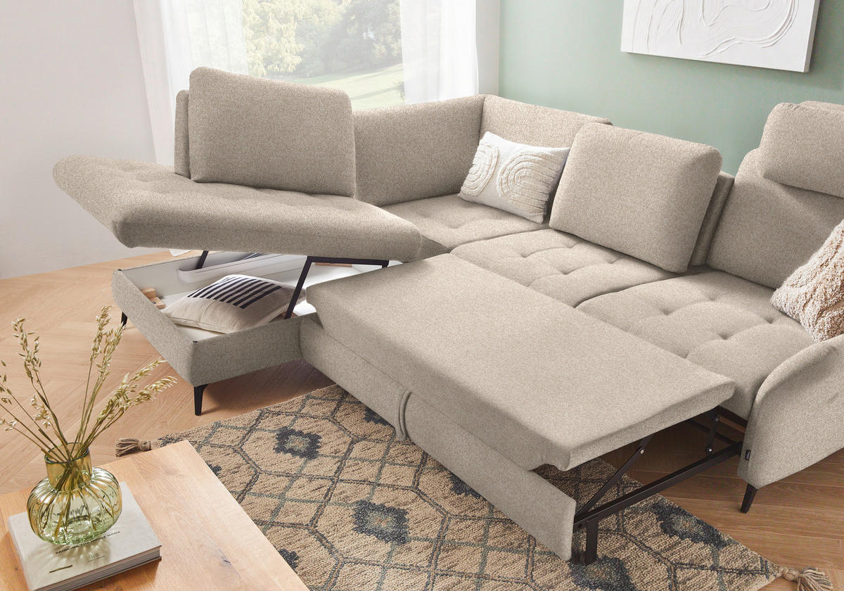 ECKSOFA in Bouclé Beige  - Beige/Schwarz, Natur, Textil/Metall (233/288cm) - Valnatura