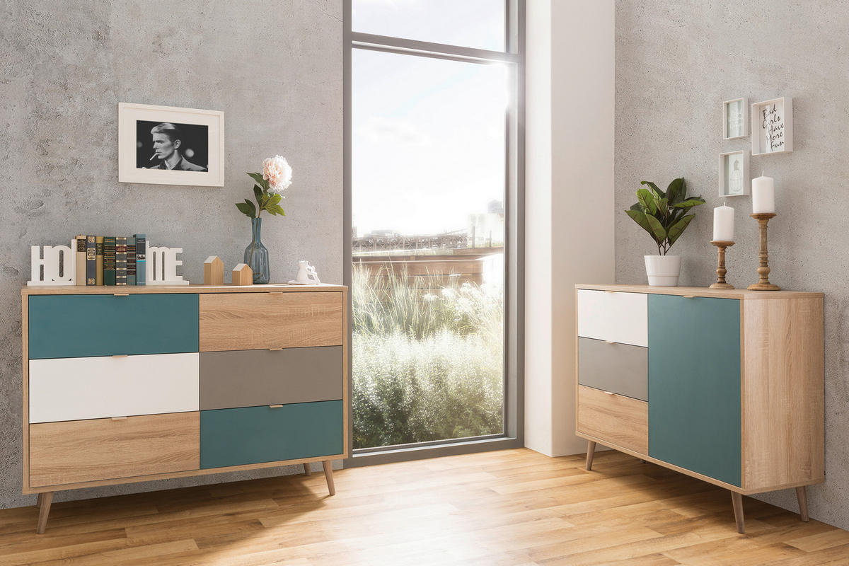 KOMMODE , 120/85/40 cm, 6 Schublade(n)  - Eichefarben/Petrol, Trend, Holzwerkstoff (120/85/40cm) - MID.YOU