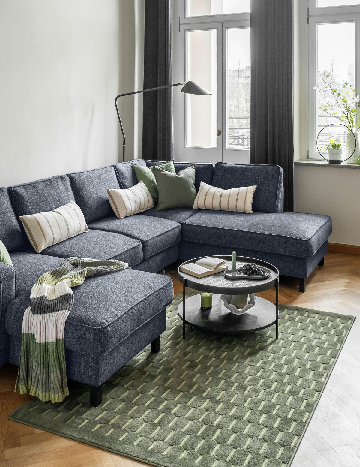 SJEDEĆA GARNITURA tekstil  tamno plava   - tamno plava/crna, tekstil/drvo (148/298/198cm) - MID.YOU
