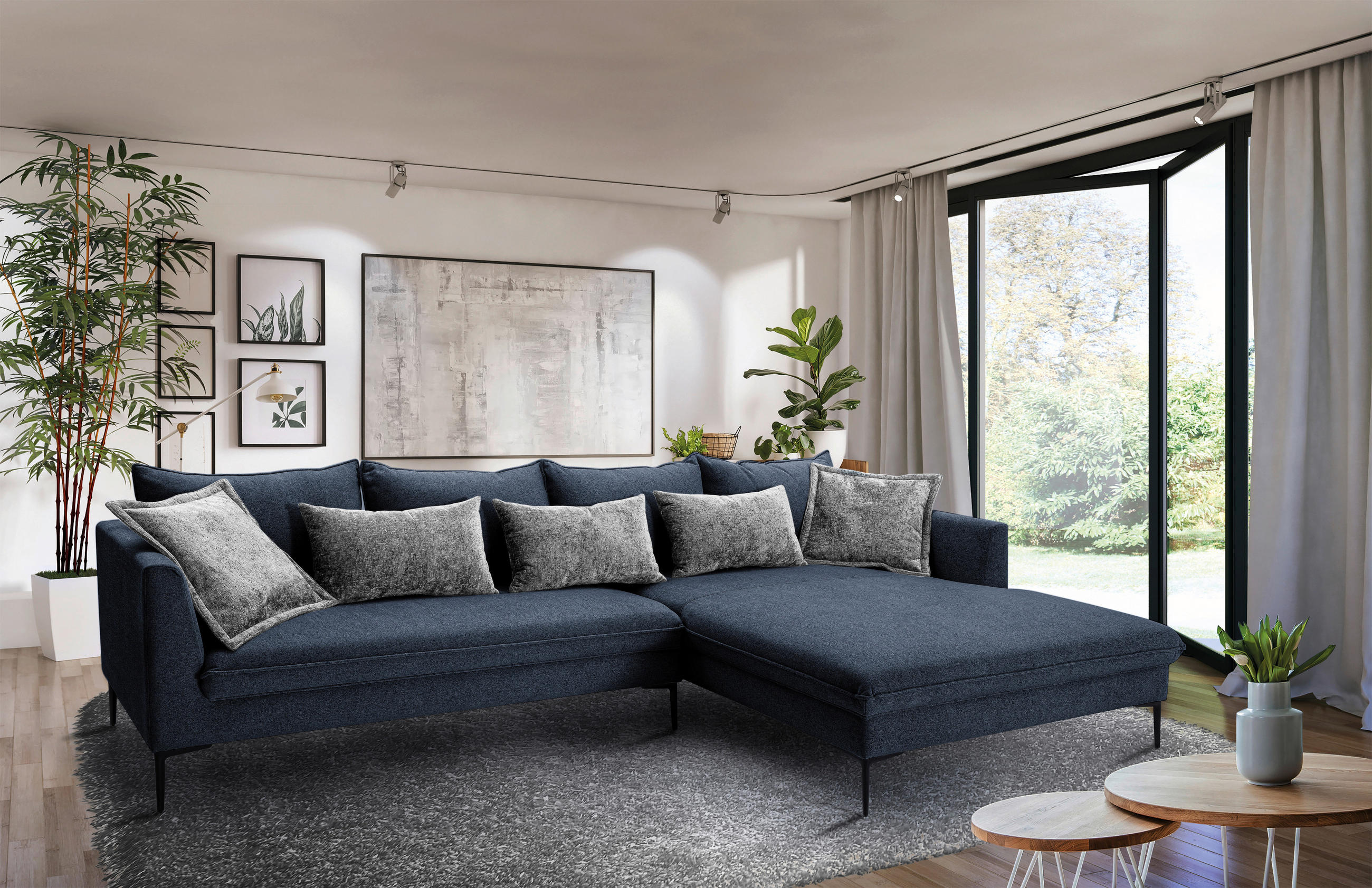 ECKSOFA in Flachgewebe Dunkelblau  - Dunkelgrau/Schwarz, Design, Textil/Metall (321/187cm) - Livetastic