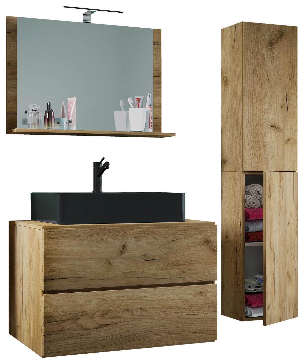 BADEZIMMER 4-teilig  in 114 cm  - Honigeiche/Schwarz, Modern, Glas/Keramik (114cm) - MID.YOU