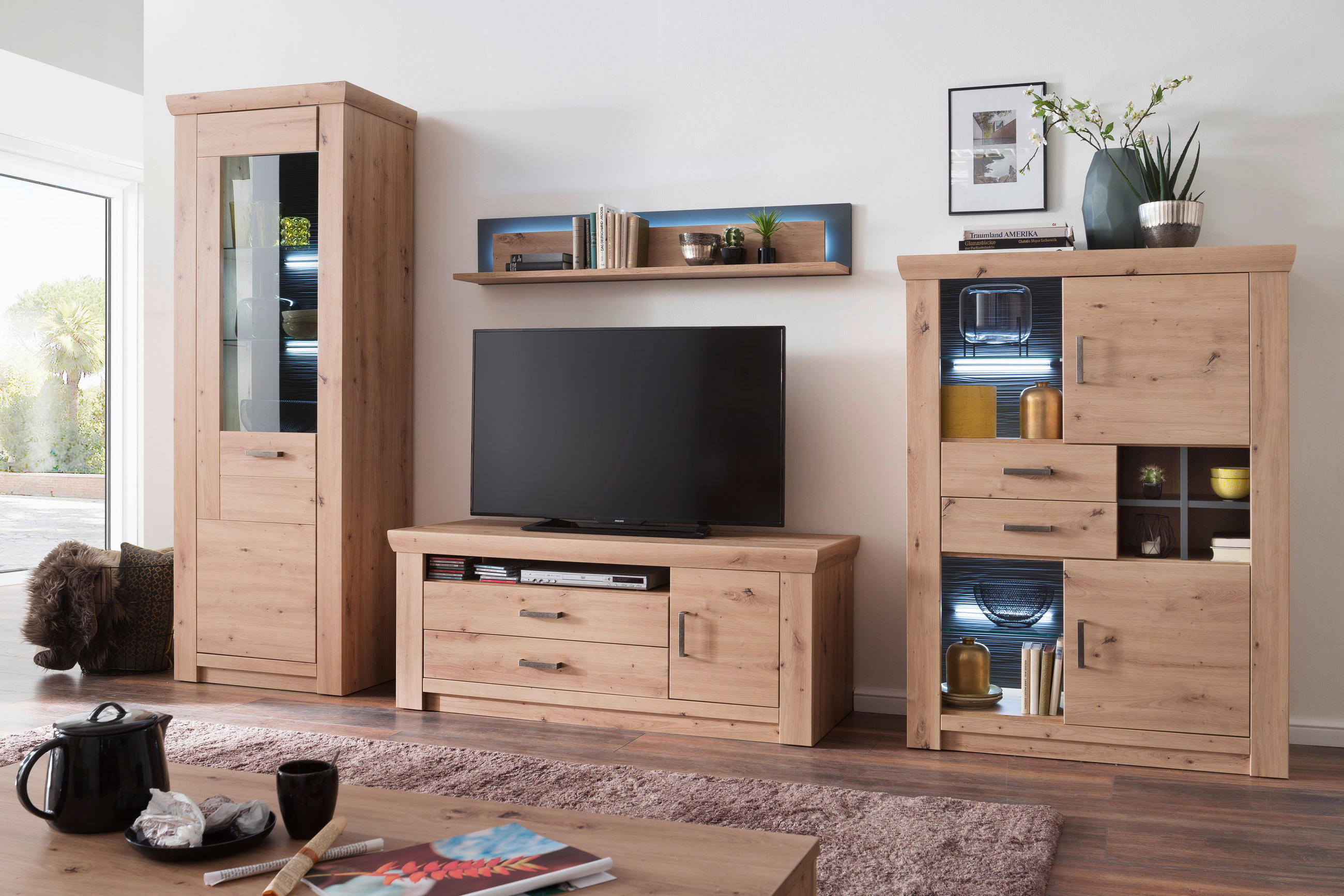 WOHNWAND  in Anthrazit, Eichefarben  336/211/55 cm  - Eichefarben/Anthrazit, Design, Glas/Holzwerkstoff (336/211/55cm) - Livetastic