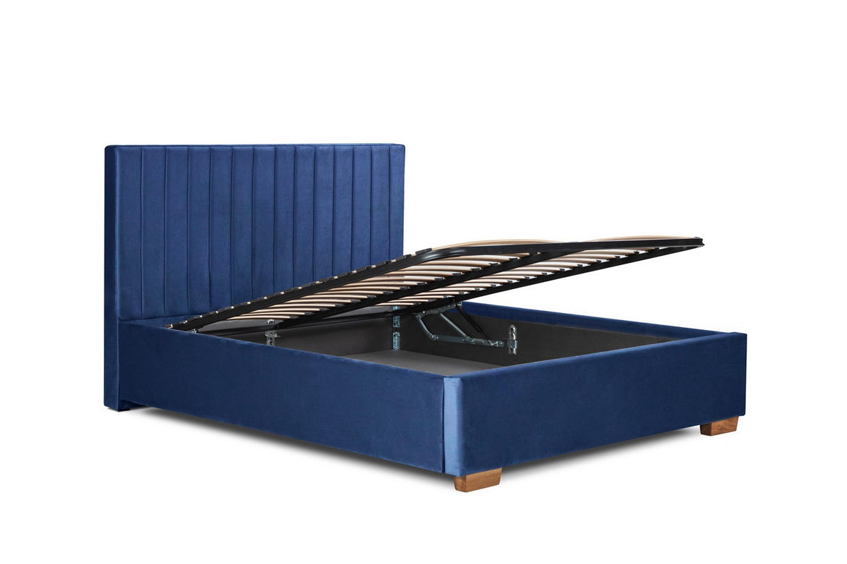 Pat Tapițat, 160/200 cm, albastru - albastru/culoare lemn stejar, Basics, metal/lemn (160/200cm) - Carryhome