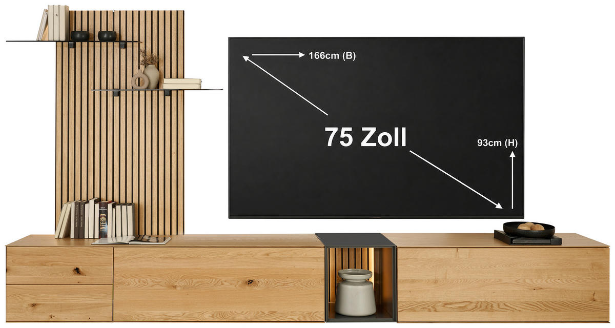 WOHNWAND  in Anthrazit, Eichefarben  342/204/50 cm  LED-Leuchtmittel   - Eichefarben/Anthrazit, Design, Glas/Holz (342/204/50cm) - Dieter Knoll