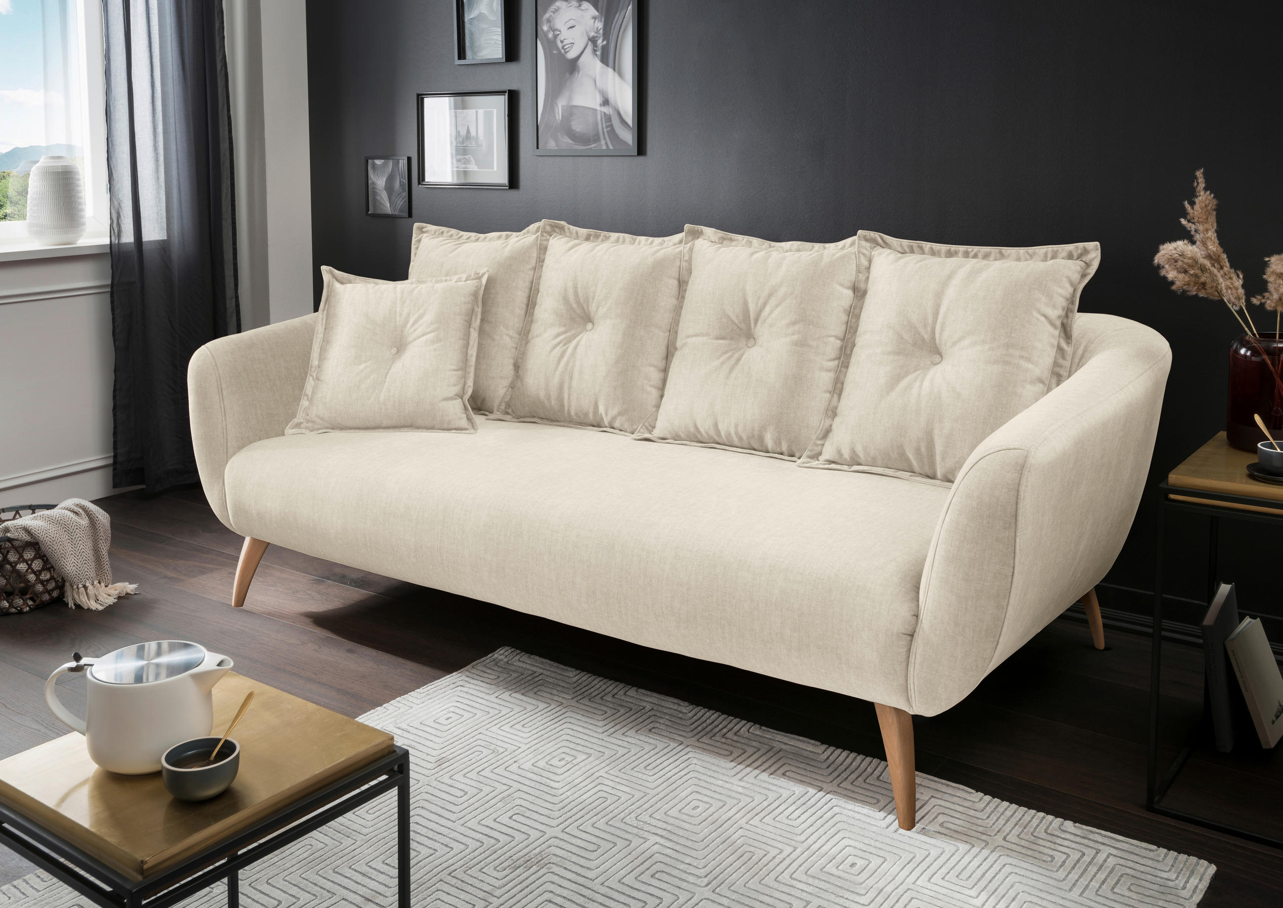 3-SITZER-SOFA Velours Buchefarben, Beige  - Beige/Buchefarben, MODERN, Holz/Textil (236/94/103cm) - Livetastic