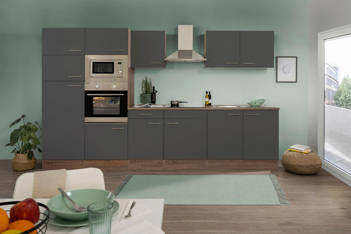 KÜCHENBLOCK 330 cm   in Grau, Eichefarben  - Edelstahlfarben/Eichefarben, Design, Holzwerkstoff/Metall (330cm) - Respekta