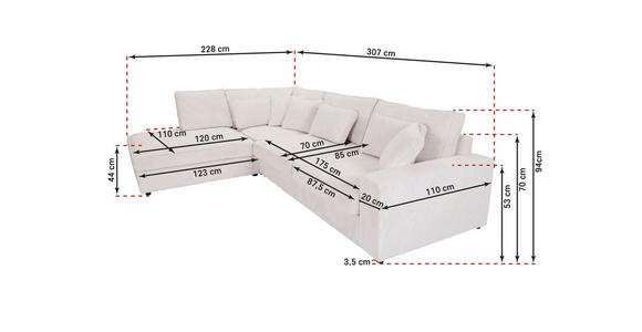 ECKSOFA Rostfarben Cord Zierkissen, Rückenkissen, Rücken echt  - Rostfarben/Schwarz, MODERN, Kunststoff/Textil (228/307cm) - Carryhome