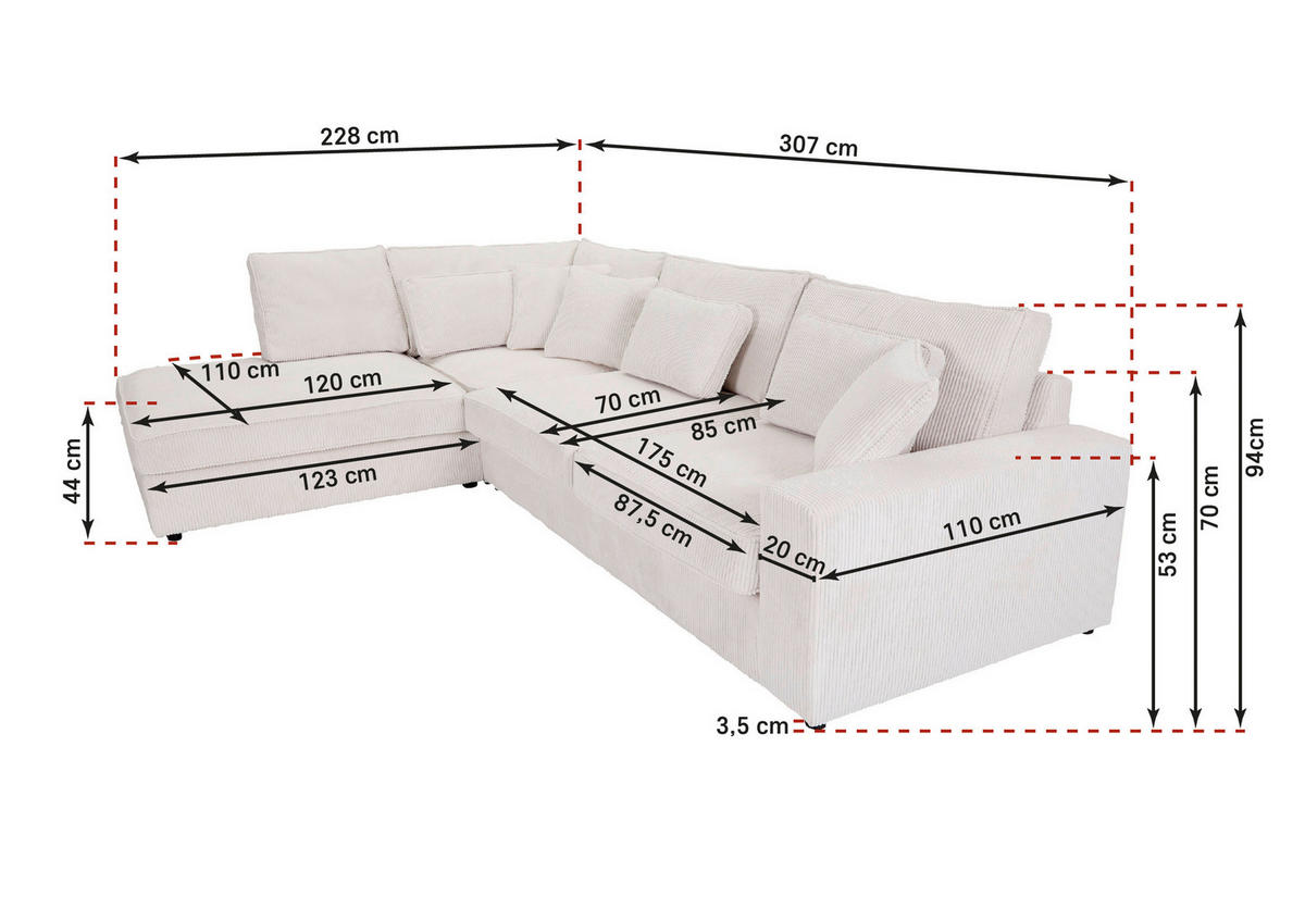 ECKSOFA Hellblau Cord Zierkissen, Rückenkissen, Rücken echt  - Schwarz/Hellblau, MODERN, Kunststoff/Textil (228/307cm) - Carryhome