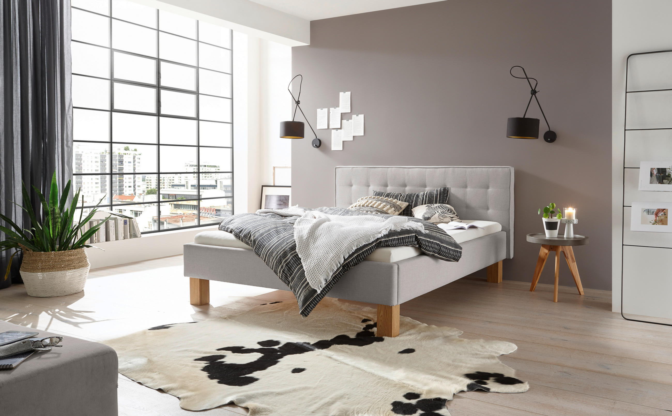 POLSTERBETT gepolstertes Kopfteil Grau, Buchefarben 140/200 cm  - Buchefarben/Grau, Design, Holz/Textil (140/200cm) - Hasena