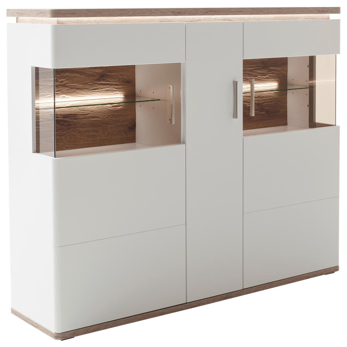 HIGHBOARD Tbilisi  in 150/124/38 cm  - Weiss/Eichefarben, Design, Glas/Holzwerkstoff (150/124/38cm) - Livetastic