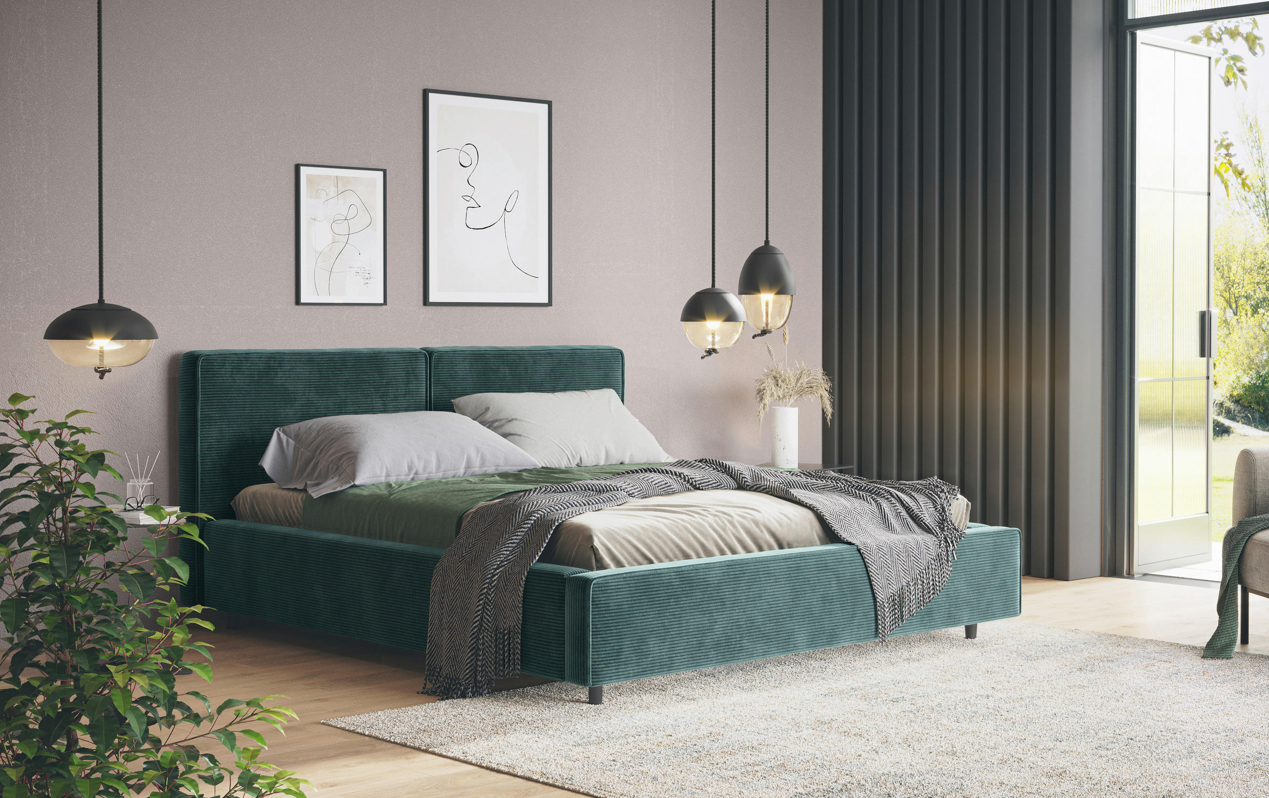 KÁRPITOZOTT ÁGY 180/200 cm  zöld  - fekete/zöld, Basics, faalapú anyag/textil (180/200cm) - Welnova