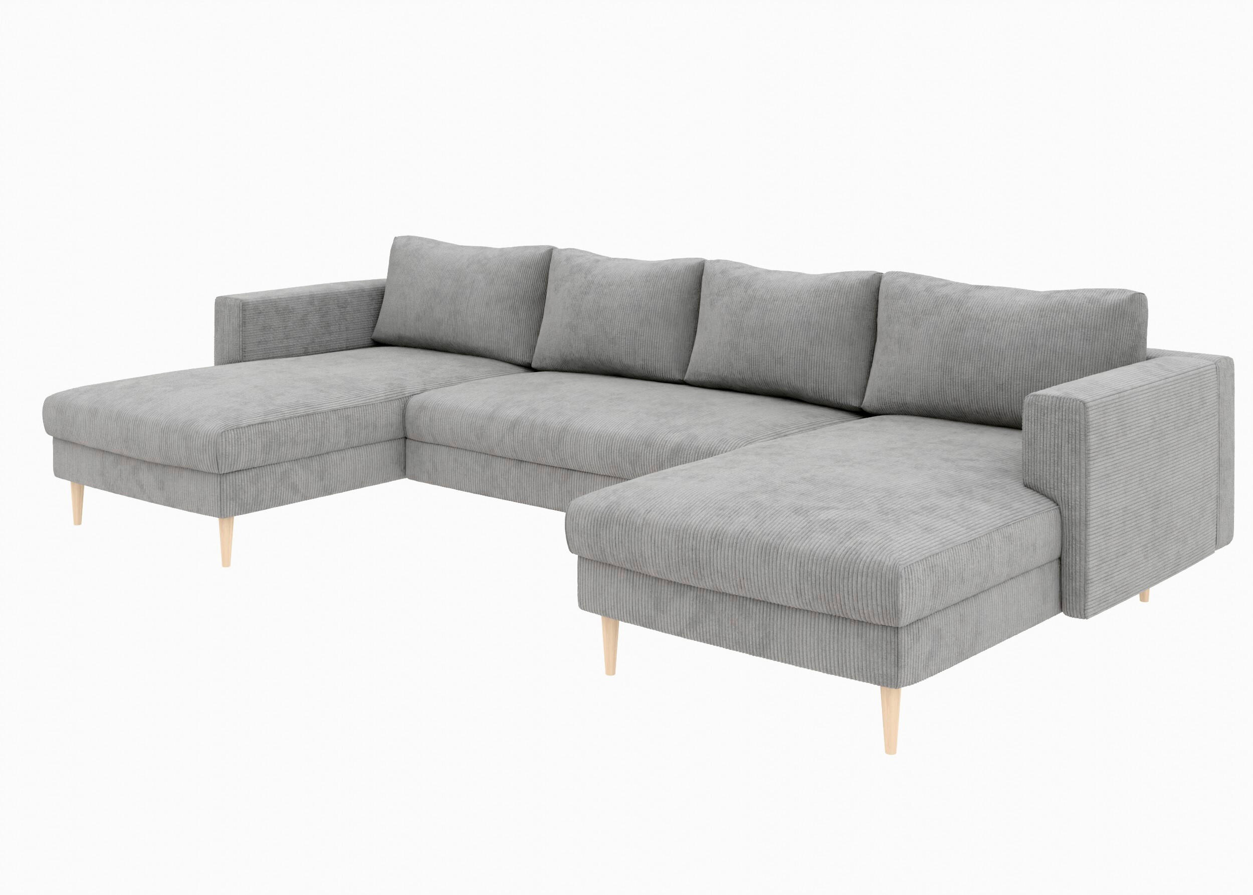 WOHNLANDSCHAFT Grau Cord  - Buchefarben/Grau, MODERN, Holz/Textil (161/306/161cm) - Trendmanufaktur